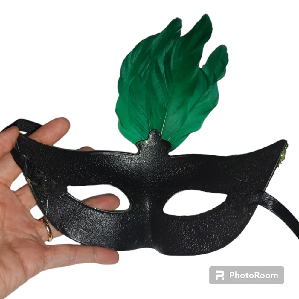 Emerald Green Masquerade Mask Rhinestone and Feather Peacock Style Venetian Gala